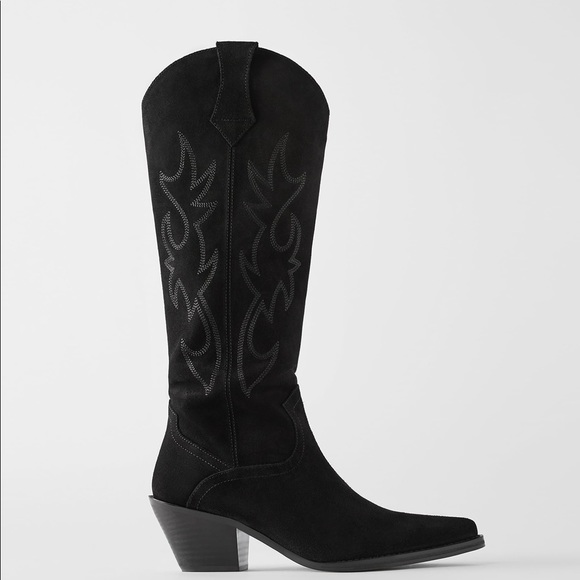 Zara Shoes Zara Split Suede Tall Cowboy Boots Black Color New